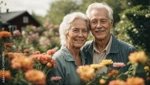 AI generated illustration of a loving elderly white couple surrounded by flowers © Wirestock