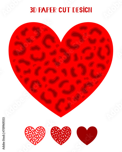 3D layered leopard heart. Valentines Day. Animal print. Love symbol. Paper, laser cut template. For postcard, window, gift, wall decorations, sublimation. Vector illustration isolated on white.