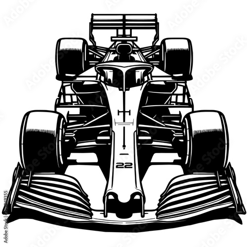 Vector illustration of a Formula 1 motorsport speed car  front top view silhouette shadows
