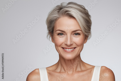 Smiling middle-aged blond woman on a light grey background