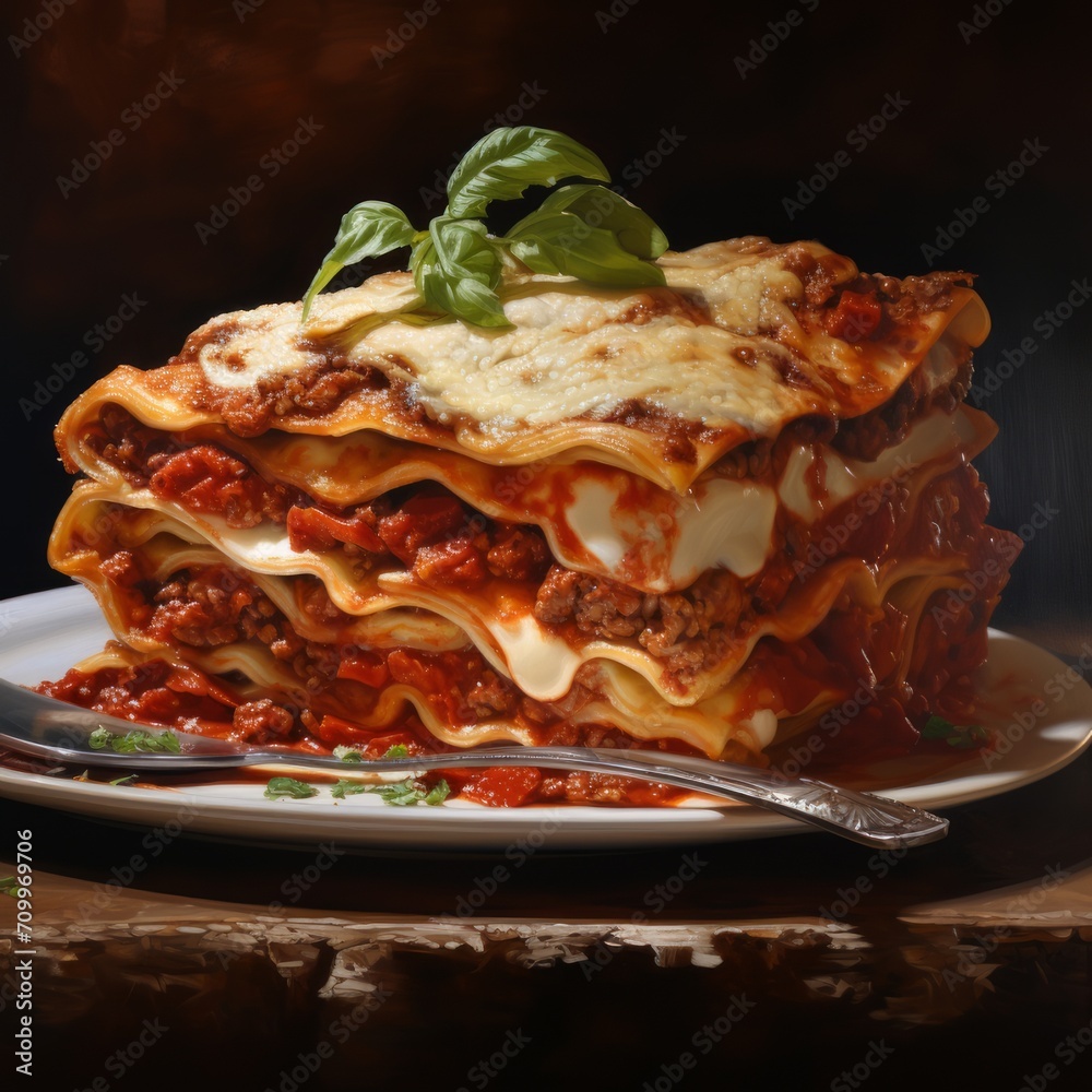 delicious traditional Italian lasagna with basil leaves on a dark background, close-up