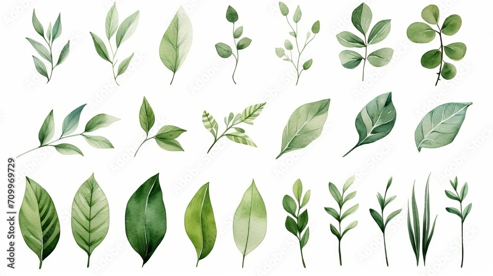 set of watercolor prints of green twigs and leaves. set of watercolor prints of green twigs and leaves.
