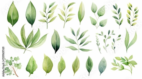 set of watercolor prints of green twigs and leaves on a white background.
