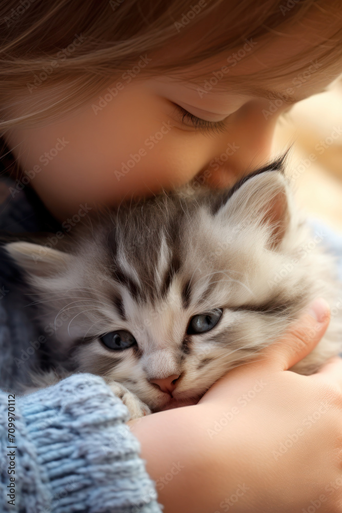 Cute little tabby kitten on the little girl's hands.