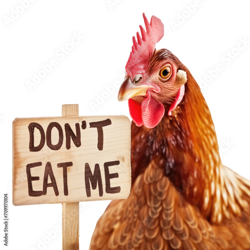 Portrait of a brown chicken standing behind a wooden sign with the text "Don' eat me" as a symbol for veganism and vegetarianism isolated on a white background