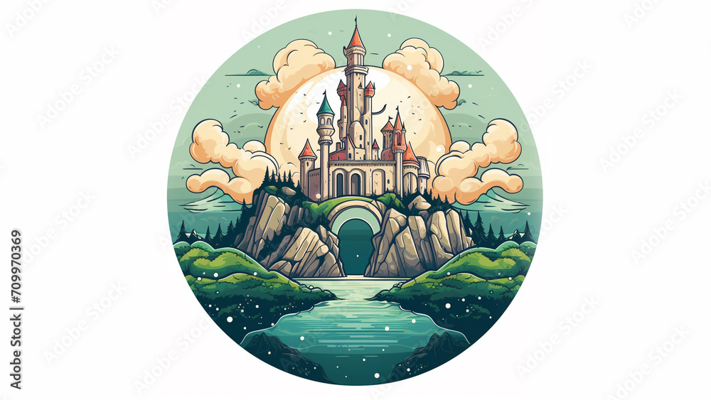 a logo of an castle in an utopian futuristic land