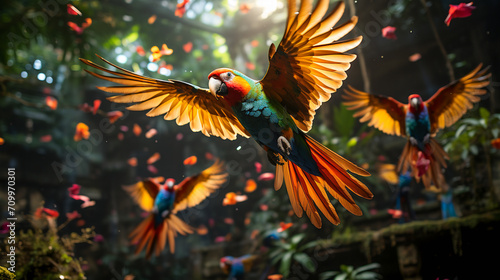 Avian Euphoria. Parrots in Flight © EwaStudio
