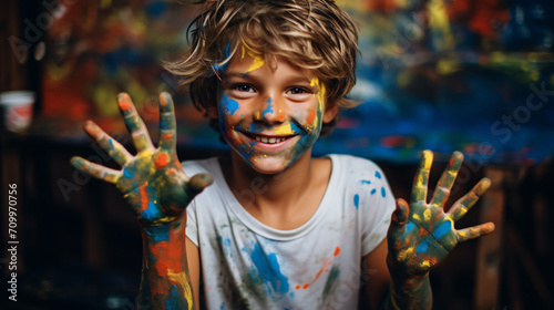 Smiling Boy with Paint.  Portrait of a Young Painter