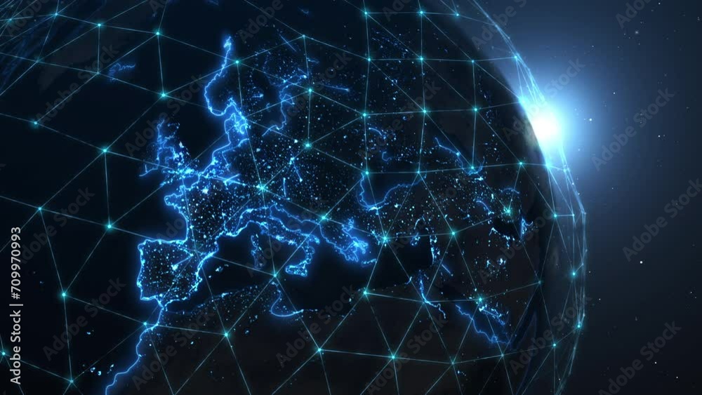 3d world map, network connections, glowing polygonal linking neon lines. World connectivity futuristic concept, digital network around planet earth. Information exchange, social networking. 4k footage