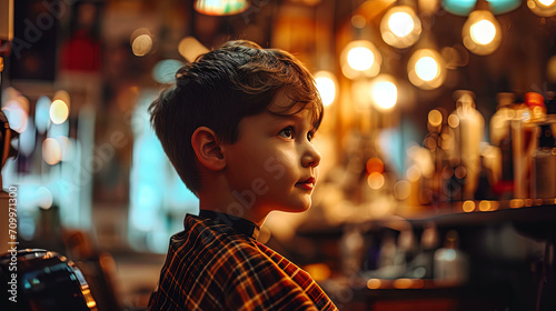 A portrait of a boy with a short haircut in a barbershop, where luminous lights add playfulness © JVLMediaUHD
