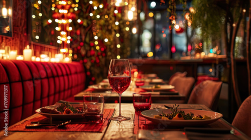 A view of a romantic table in a restaurant with bright red decorative elements and delicate snacks photo
