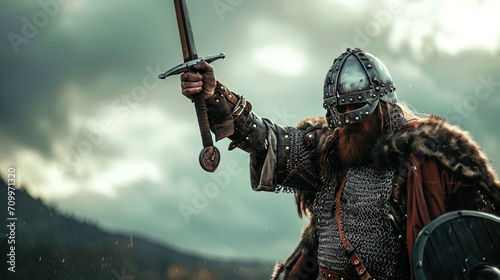 Champion in the tournament Viking's photo in traditional combat equipment, raising his sword as a photo