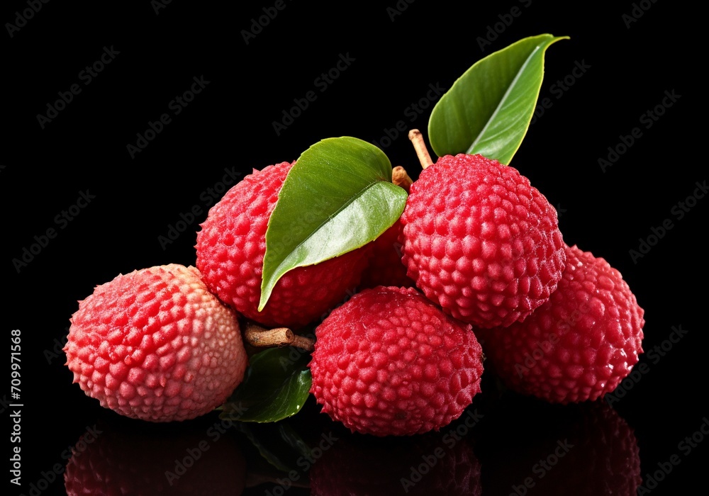 Fresh lychee fruits with leaves isolated on a black background. Fresh lychee fruits with leaves isolated on a black background.