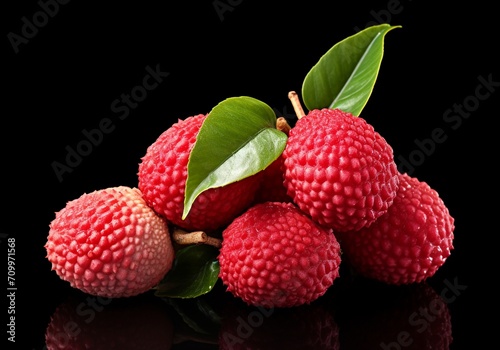 Fresh lychee fruits with leaves isolated on a black background.