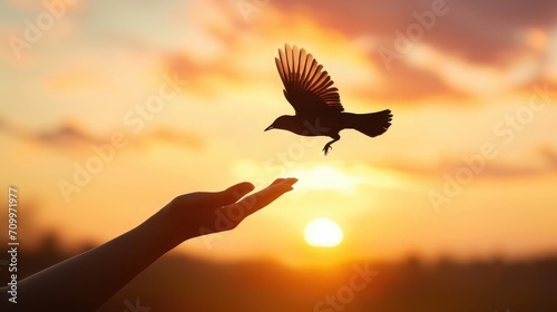 silhouette of bird flying out of Girl child hand on beautiful background. freedom concept ,International Working Women's Day