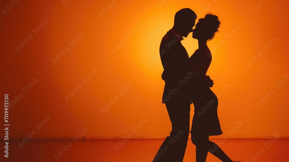 Couple of dancers approach each other and begin to dance Argentine tango. Elements of latin ballroom dance in studio with orange brown background.