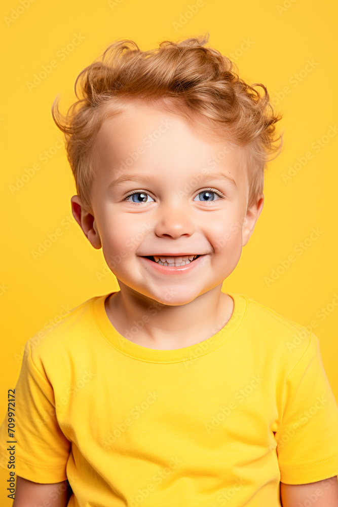 Smiling Boy on Yellow Background.  Smiling Toddler with Blue Eyes