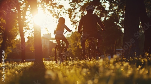 dad teaches daughter to ride a bike. happy family childhood dream concept. father and little daughter learn to ride bike silhouette in the park. happy family goes