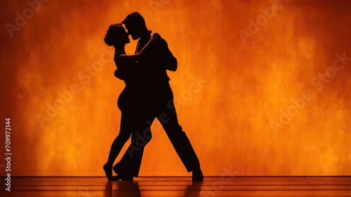 Couple of dancers approach each other and begin to dance Argentine tango. Elements of latin ballroom dance in studio with orange brown background.