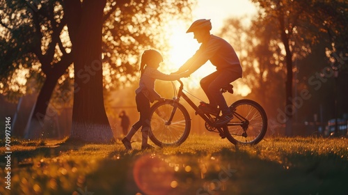 dad teaches daughter to ride a bike. happy family childhood dream concept. father and little daughter learn to ride bike silhouette in the park. happy family goes