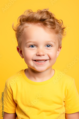 Smiling Boy on Yellow Background. Smiling Toddler with Blue Eyes