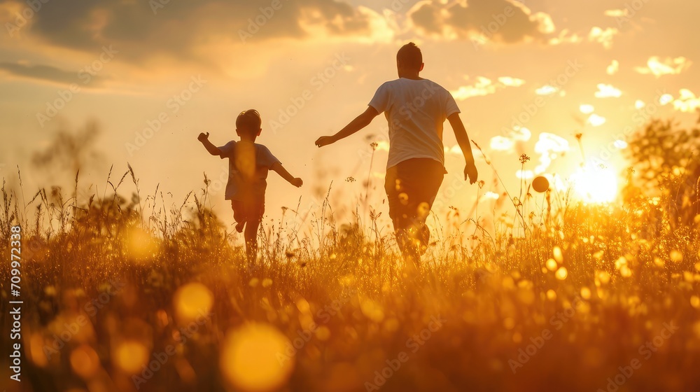 Father and son playing in the park at the sunset time. People having fun on the field. Concept of friendly family and of summer vacation.