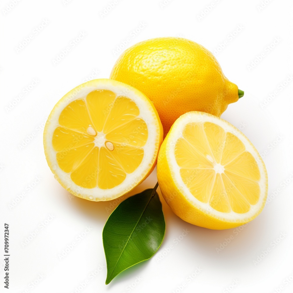 Lemon and lemon slices with leaves isolated on white background cutout