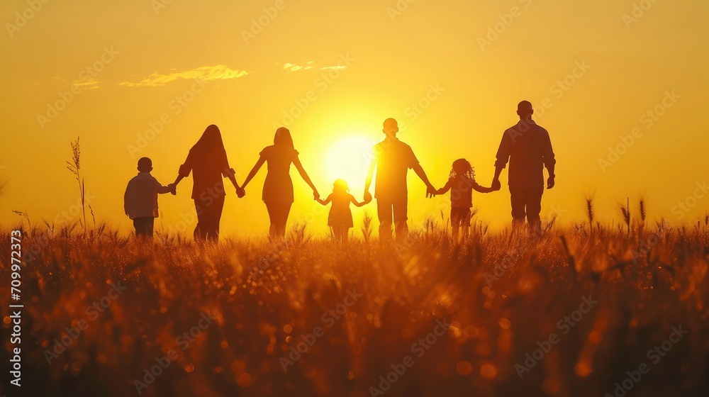 large family walks across field holding hands. happy family childhood dream concept. family walks across the field