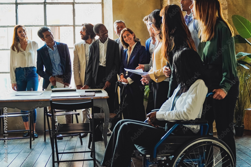 Multiracial business people meeting inside bank office. Diversity and inclusion concept Multiracial business people meeting inside bank office. Diversity and inclusion concept