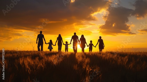 large family walks across field holding hands. happy family childhood dream concept. family walks across the field