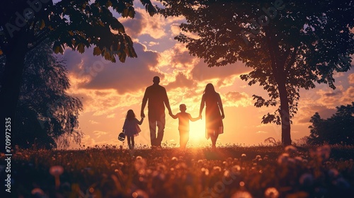 people in the park. happy family walking silhouette at sunset. mom dad and daughters walk holding hands in park. happy family childhood dream concept.