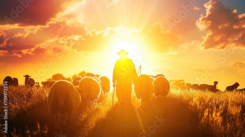 Shepherd Jesus Christ leading the flock and praying to Jehovah God and bright light sun and Jesus silhouette background in the field photo