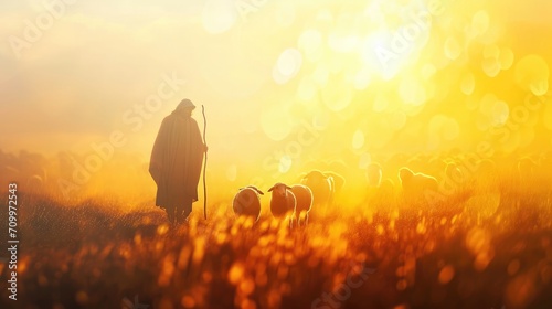 Shepherd Jesus Christ leading the flock and praying to Jehovah God and bright light sun and Jesus silhouette background in the field