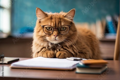 The brown cat teacher with glasses at the shcool class sits at thw desk. Concept of education, back to school, home education. AI generated
