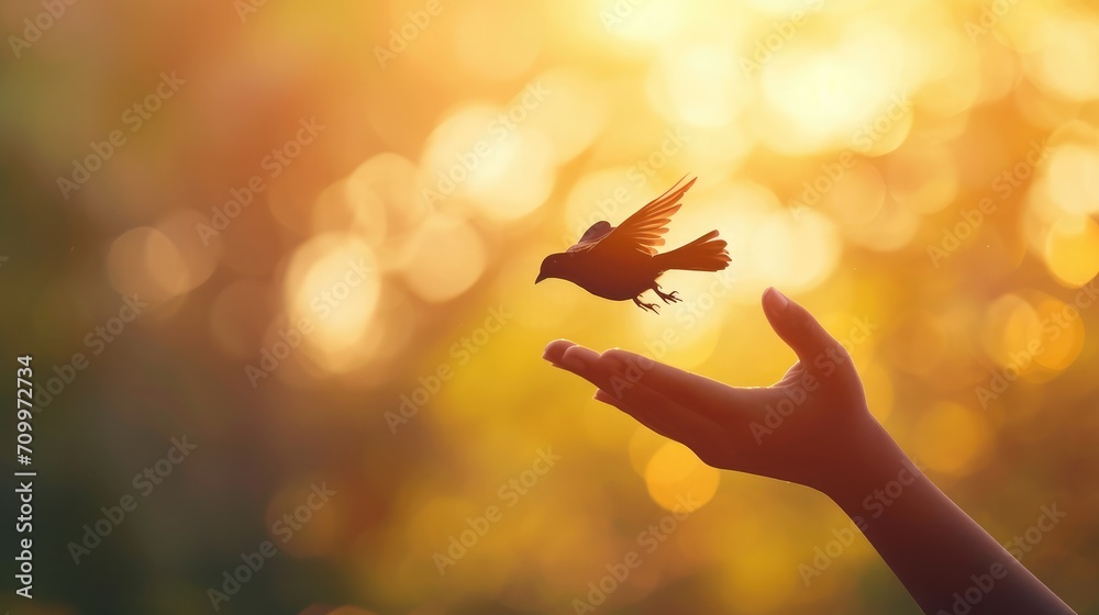 silhouette of bird flying out of Girl child hand on beautiful background. freedom concept ,International Working Women's Day - obrazy, fototapety, plakaty 