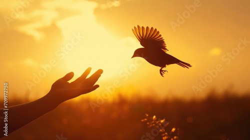 silhouette of bird flying out of Girl child hand on beautiful background. freedom concept ,International Working Women's Day © buraratn