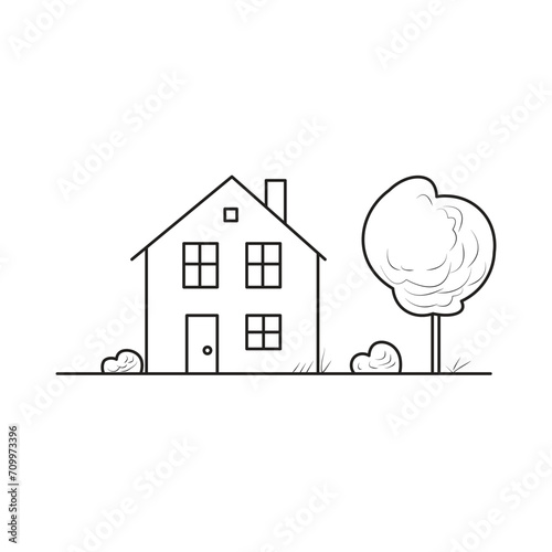 single family houses with gardens, editable stroke.