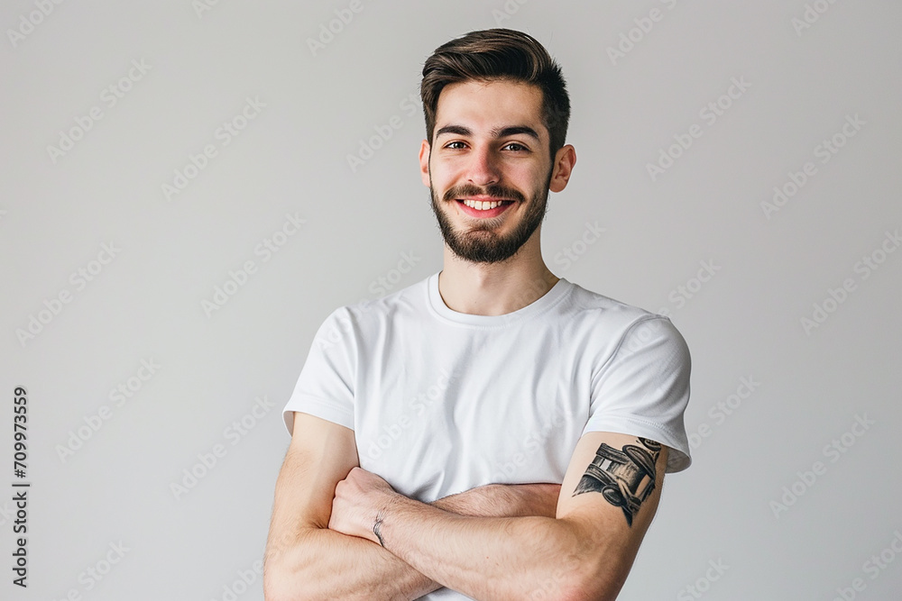 portrait of happy man arm crossed on white isolated background portrait of happy man arm crossed on white isolated background