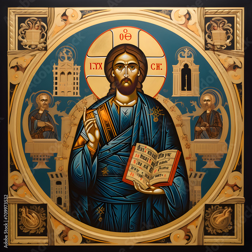 Coptic orthodox traditional icon of Jesus Christ, the Pantocrator. Eastern christian spirituality illustration of Jesus with orthodox symbols. photo