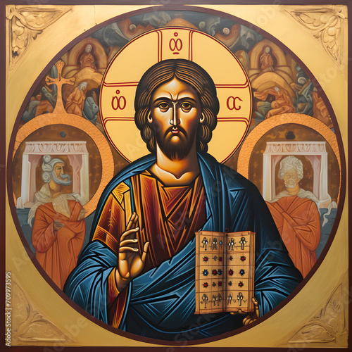 Coptic orthodox traditional icon of Jesus Christ, the Pantocrator. Eastern christian spirituality illustration of Jesus with orthodox symbols. photo