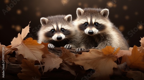 two mischievous raccoons, their masked faces peeking out from behind a stack of fallen leaves, set against the simplicity of a spotless white background.