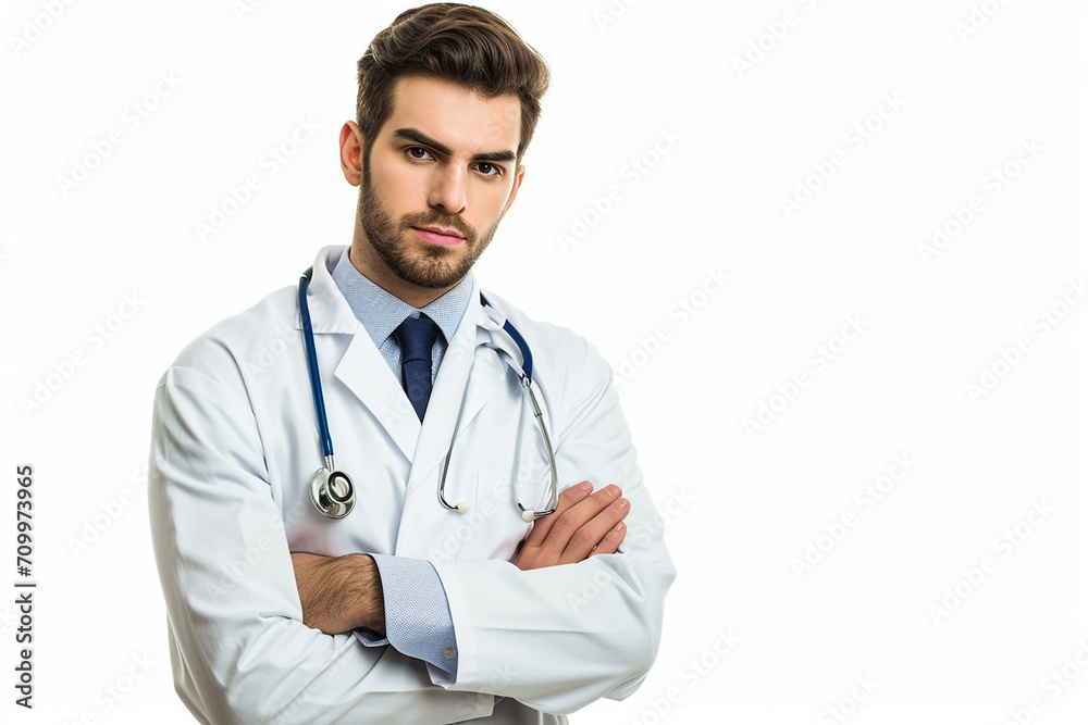 portrait of happy young male doctor arm crossed on white isolated background portrait of happy young male doctor arm crossed on white isolated background
