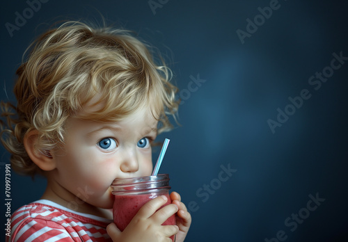 Un niño bebiendo batido de frutas