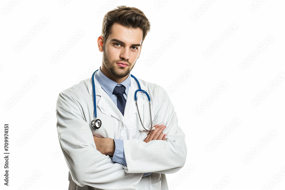 portrait of happy young male doctor arm crossed on white isolated background portrait of happy young male doctor arm crossed on white isolated background