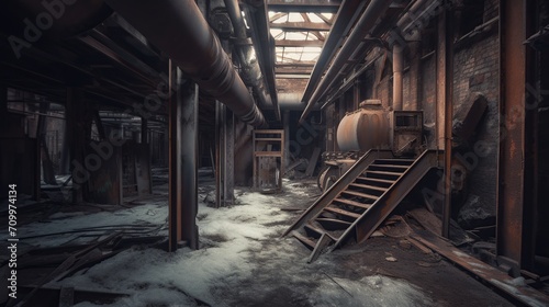 Abandoned factory with snow covered floor. Industrial indoor background.