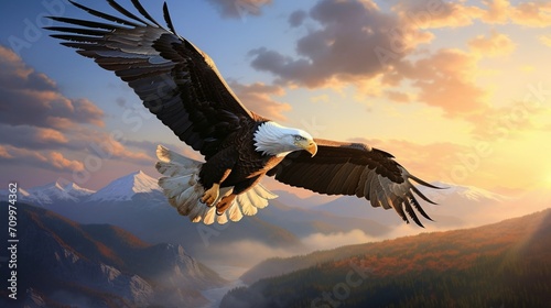 one soaring eagles in flight, their wings outstretched against a spotless white sky, evoking a sense of freedom and strength in the vast expanse.