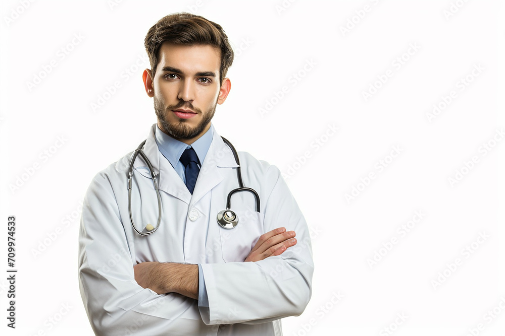 portrait of happy young male doctor arm crossed on white isolated background portrait of happy young male doctor arm crossed on white isolated background