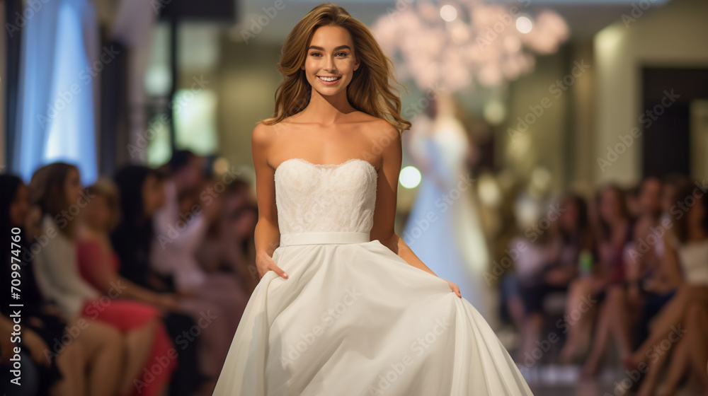 Naklejka premium Wedding Model. Female models walk the runway in beautiful stylish white wedding dresses during a Fashion Show