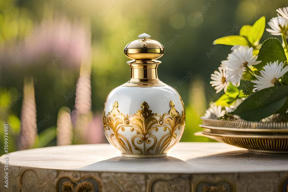 precious baroque perfume bottle in front of a french castle , luxurious perfume flacon template precious baroque perfume bottle in front of a french castle , luxurious perfume flacon template