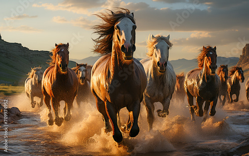 Wild Horse Herd Galloping Through the Rugged Wilderness #709974952